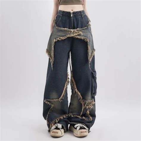 Star Patched Wide Leg Jean Pants Y2k Baggy Jeans H0neybear Women