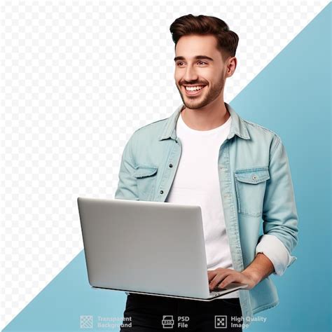 Un hombre con una camisa azul está usando una computadora portátil