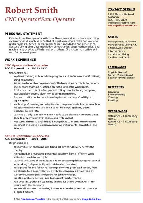 Cnc Setup And Operator Resume Sample