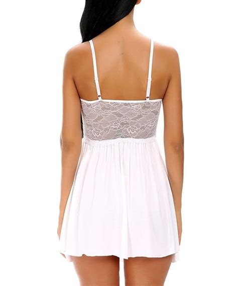 Women Lace Lingerie Sleepwear V Neck Full Slip Babydoll Nightgowns Sexy Sleep Dress White