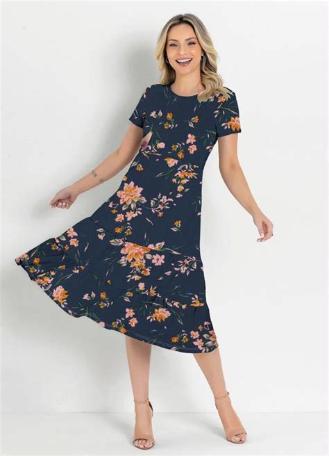 Vestido Floral Marinho Babado Moda Evangélica Rosalie