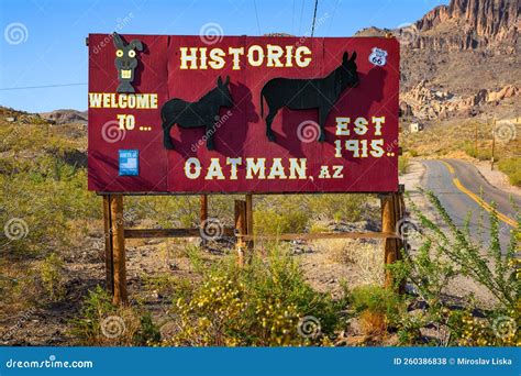 Entry Sign At Oatman Village On Historic Route In Arizona Editorial