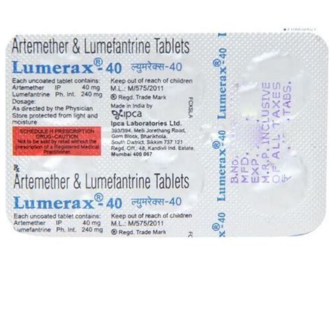 Artemether And Lumefantrine Tablets 40mg 240mg At Best Price In Surat