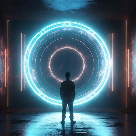 Premium Ai Image A Man Stands In A Dark Room With A Large Circle In