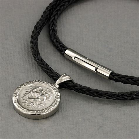 Heavy 25mm Steel St Christopher And Leather Necklace