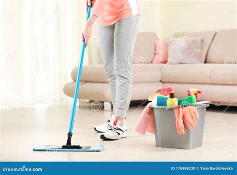 Woman Clean The Floorgirl Clean Up The Roombucket With Sanitary Items