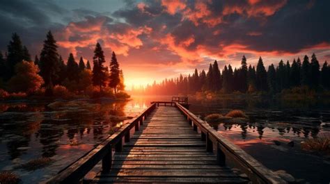 Premium Ai Image A Long Wooden Bridge On A Lake At Evening At The End