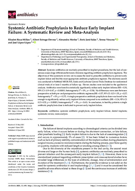 Pdf Systemic Antibiotic Prophylaxis To Reduce Early Implant Failure A Systematic Review And