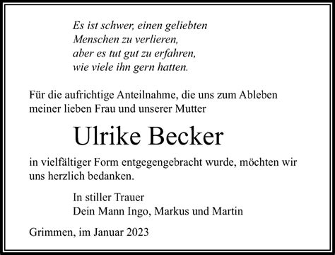 Traueranzeigen Von Ulrike Becker Trauer Anzeigen De