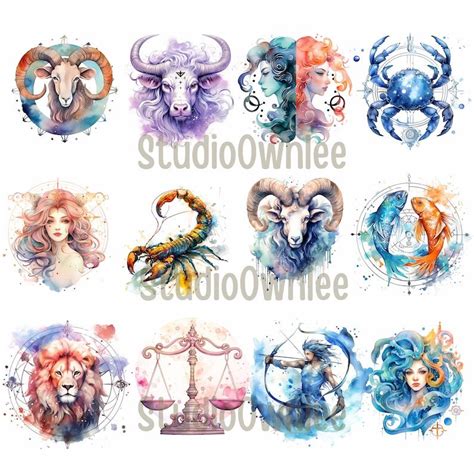 60 Watercolor Zodiac Clipart Bundle Png Illustrations Instant Download