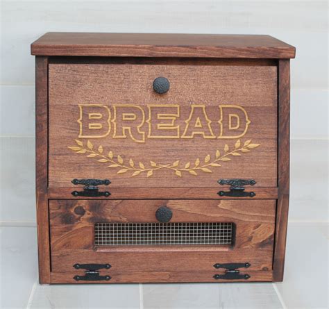 Rustic Bread Box Vegetable Bin Farmhouse Wooden Engraved Storage Wood