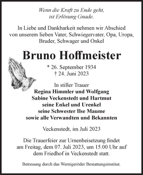 Traueranzeigen Von Bruno Hoffmeister Abschied Nehmen De