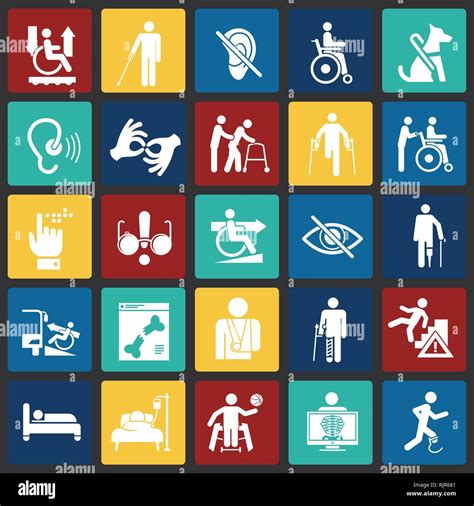 Disability Icons Set On Color Squares Background For Graphic And Web