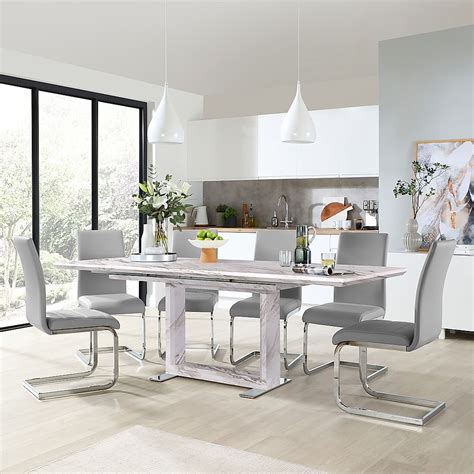 Tokyo Extending Dining Table And 4 Perth Chairs Grey Marble Effect Light Grey Classic Faux