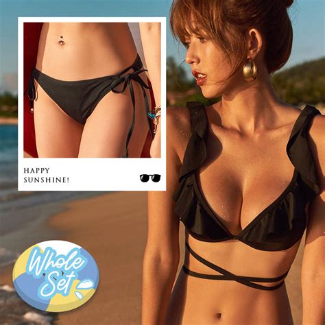 【lime Soda】romantic Lotus Leaf Bandage Bikini Set Blac