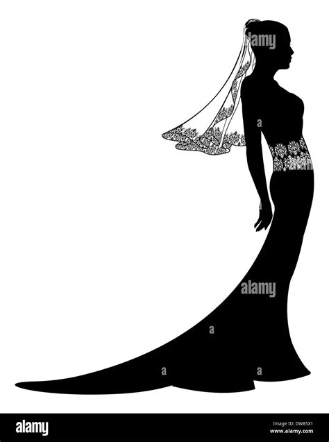 Bride In Wedding Dress Silhouette With Pattern On Lace Veil And Dress