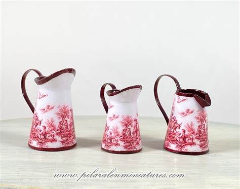 Miniature Pitcher Red Toile De Jouy Design Jug For Dollhouse 112