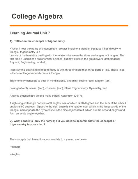 Learning Journal Math Unit College Algebra Learning Journal Unit