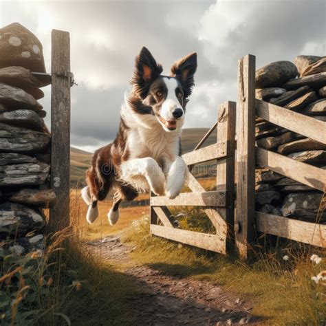 Border Collie Runs Through Wooden Farm Gate Stock Illustration