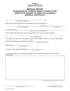 Fillable Online Mental Health Act Form 3 Medical Report Examination