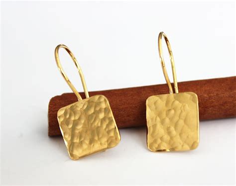 Gold Square Earrings Hammered Earrings Gold Dangle Earrings - Etsy