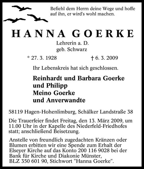 Trauer Und Todesanzeigen Von Hanna Goerke Trauer De