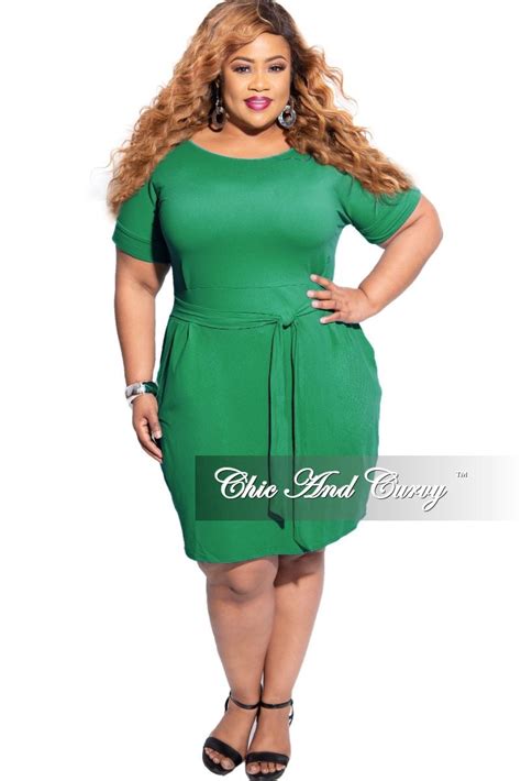 New Plus Size Rolled Sleeve Tie Dress In Kelly Green Chic And Curvy