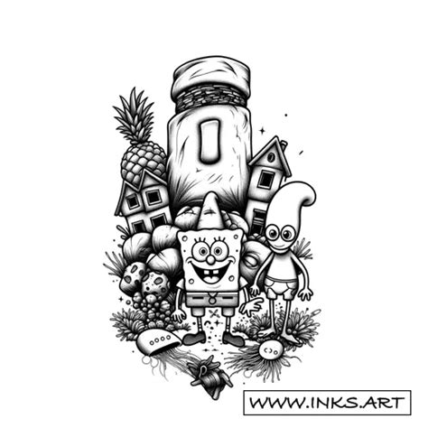 Tattoo Design Spongebob Patrick Squidward Bikini Bottom Scene Style Black And Grey