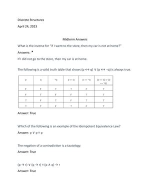 Quiz Answers Discrete Structures April Quiz For A