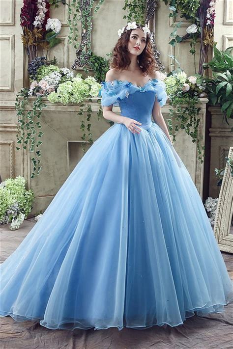 Fairy Tale Ball Gown Off The Shoulder Blue Organza Corset Wedding Dress