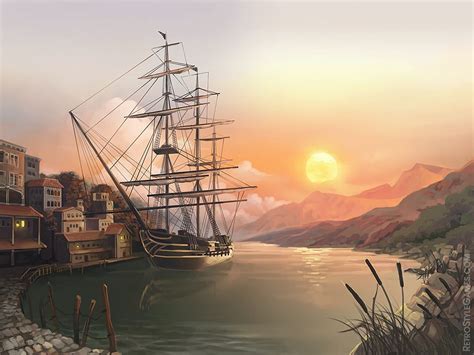 Pirates Town Ship Sunset Bay Mountain Game Background Background