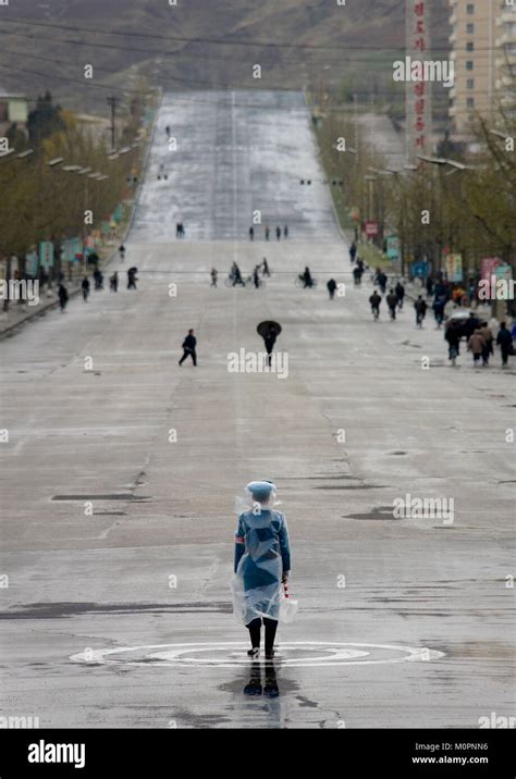 North Korean Male Traffic Security Officer In Blue Uniform Under The