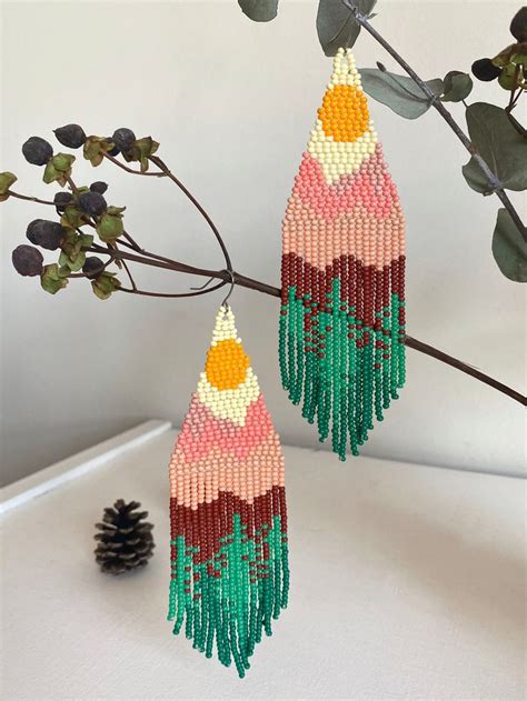 Mountains Seed Bead Earrings Nature Earrings Sunset Beaded Earrings