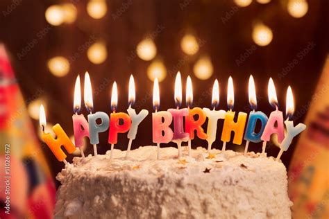 Birthday Cake With Candles Bright Lights Bokeh Celebration Stock Foto