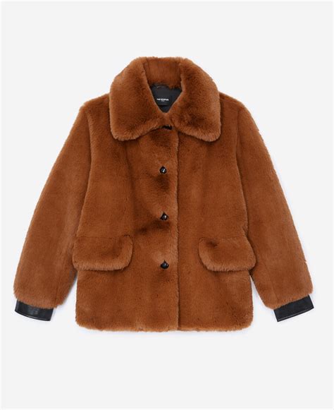 Brown Faux Fur Coat With Leather Details The Kooples Us