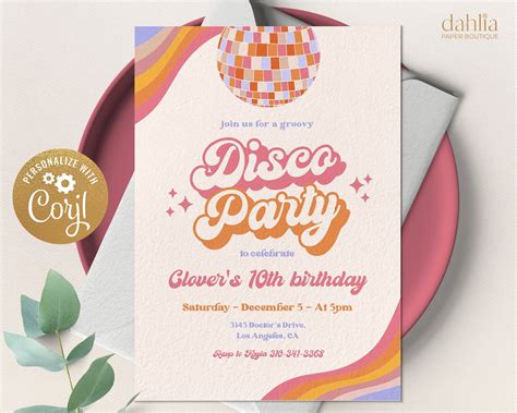 Disco Party Birthday Invitation Editable Retro Groovy Party Invite Boho Hippie Disco Ball