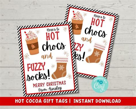 Hot Chocolate And Fuzzy Socks Christmas Printable Gift Tag Secret Santa Teacher Client Idea