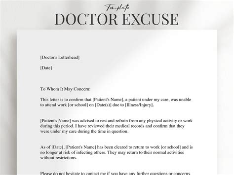 Doctor S Excuse Template Printable Medical Excuse Letter Etsy New Zealand