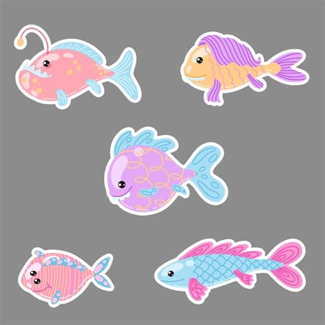 F Nf Verschiedene Fisch Sticker Sets Im Cartoon Stil Premium Vektor