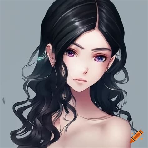 Anime Elegant Woman With Black Wavy Hair Cold Look