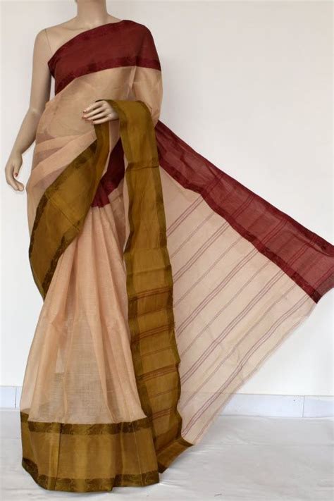 Fawn Handwoven Bengal Tant Cotton Saree Without Blouse Ganga Yamuna