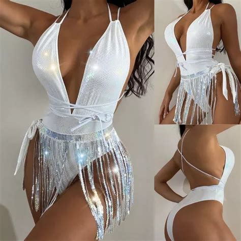 Bikini Biquíni Maiô Saída De Praia Brilho Paetê Branco m Parcelamento sem juros