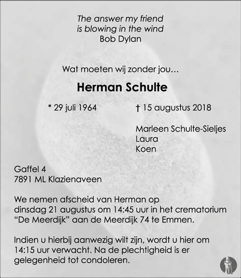 Herman Schulte 15 08 2018 Overlijdensbericht En Condoleances