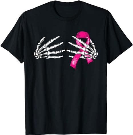 Halloween Womens Boob Skeleton Hand On Breast Cancer Ribbon T Shirt PNG