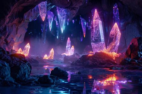 Premium Photo Mysterious Cave With Glowing Crystals And Reflecti