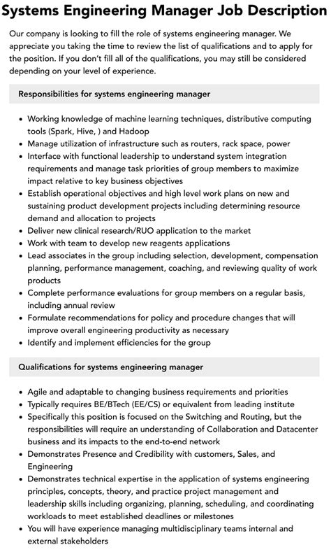 Systems Engineering Manager Job Description Velvet Jobs