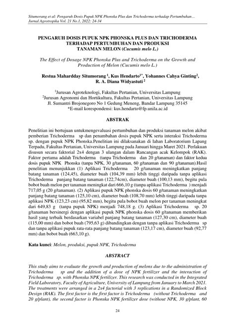 Pdf Pengaruh Dosis Pupuk Npk Phonska Plus Dan Trichoderma Terhadap