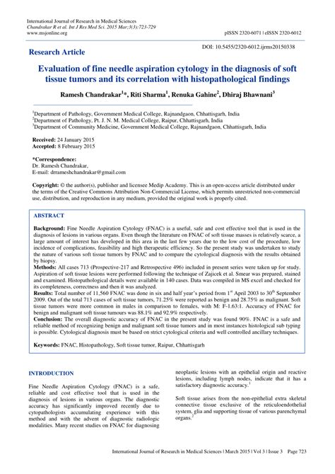 Pdf Evaluation Of Fine Needle Aspiration Cytology In The Diagnosis Of Soft Tissue Tumors And