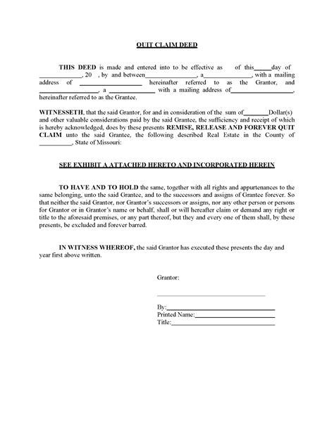 Missouri Quit Claim Deed Free Printable Legal Forms