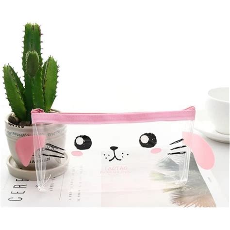 Trousse Scolaire Transparente Chat Animaux Kawaii Sac A Crayon Fille